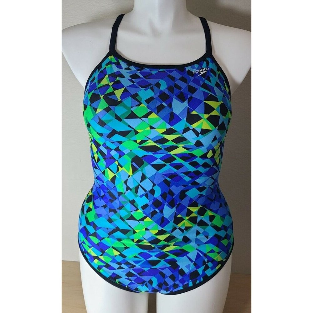 Speedo Women's Reversible Swimsuit Black/Blue Geo Pattern Racerback‎ Size XS